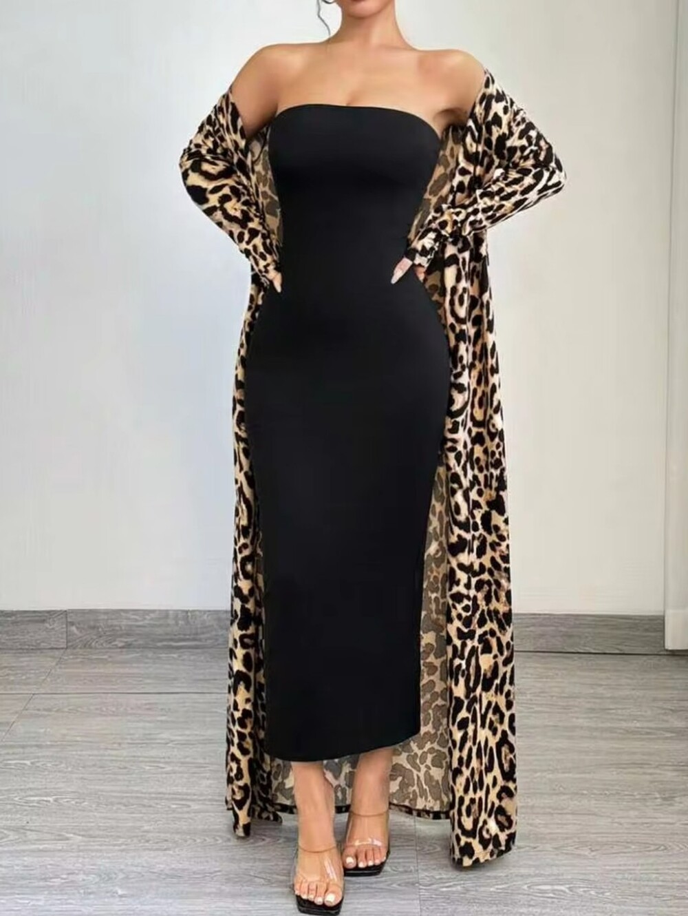 🍂 SEXY 2-piece Leopard Print Duster With Onyx Maxi Dress